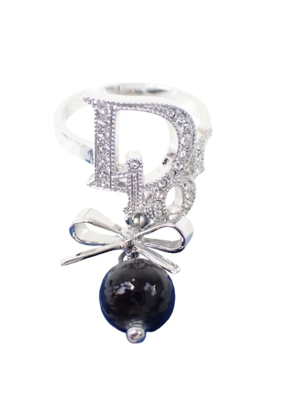 Dior Rhinestone Ribbon Motif Ring Silver